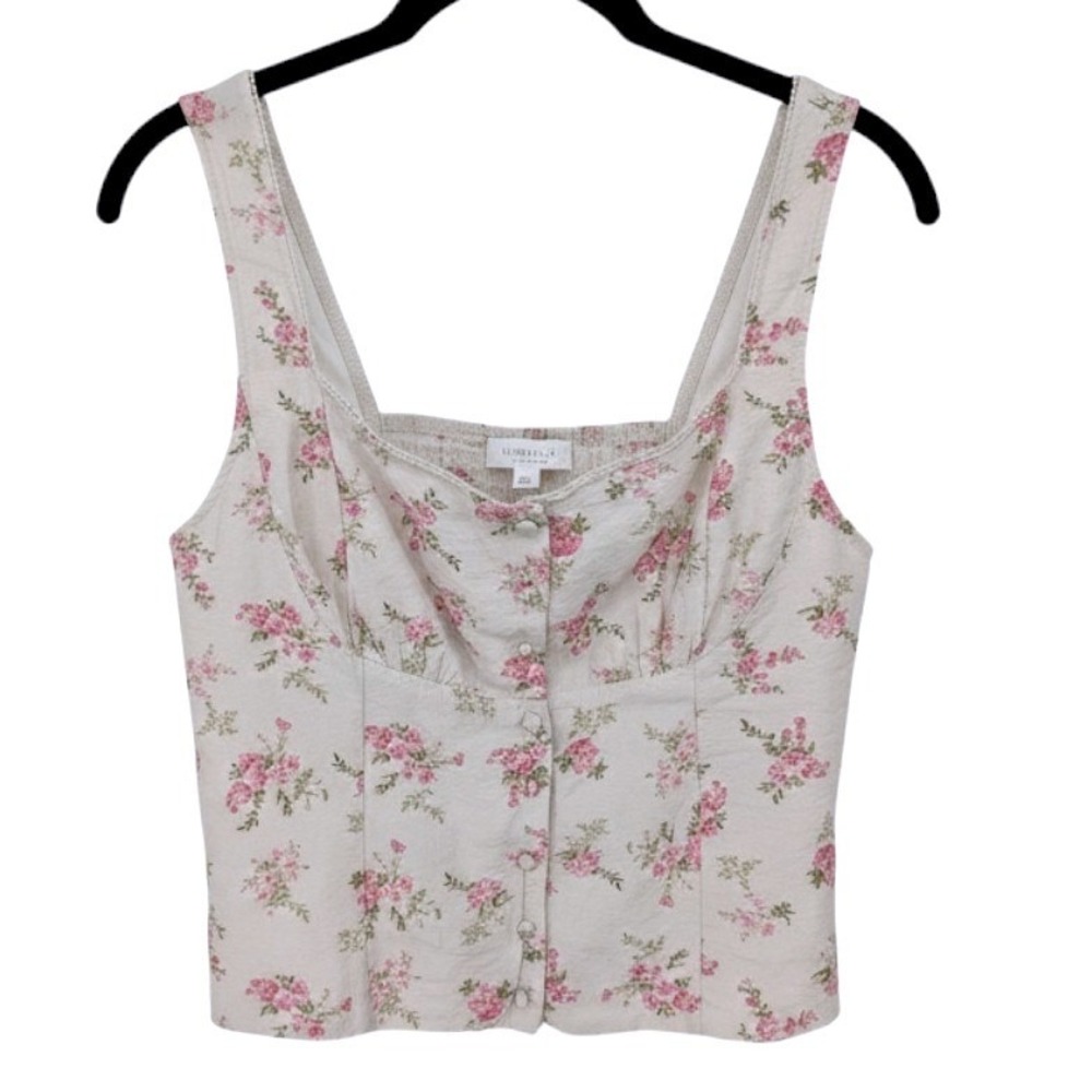 Coquette Cottagecore Top Women Large Cream Pink Floral Sleeveless Button Smocked